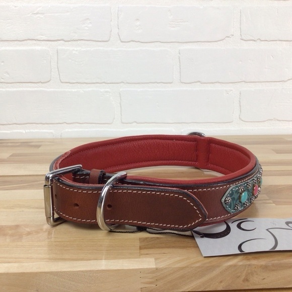 Mad Cow genuine leather jewelry dog collar handmade red pink turquoise studded - Picture 3 of 14